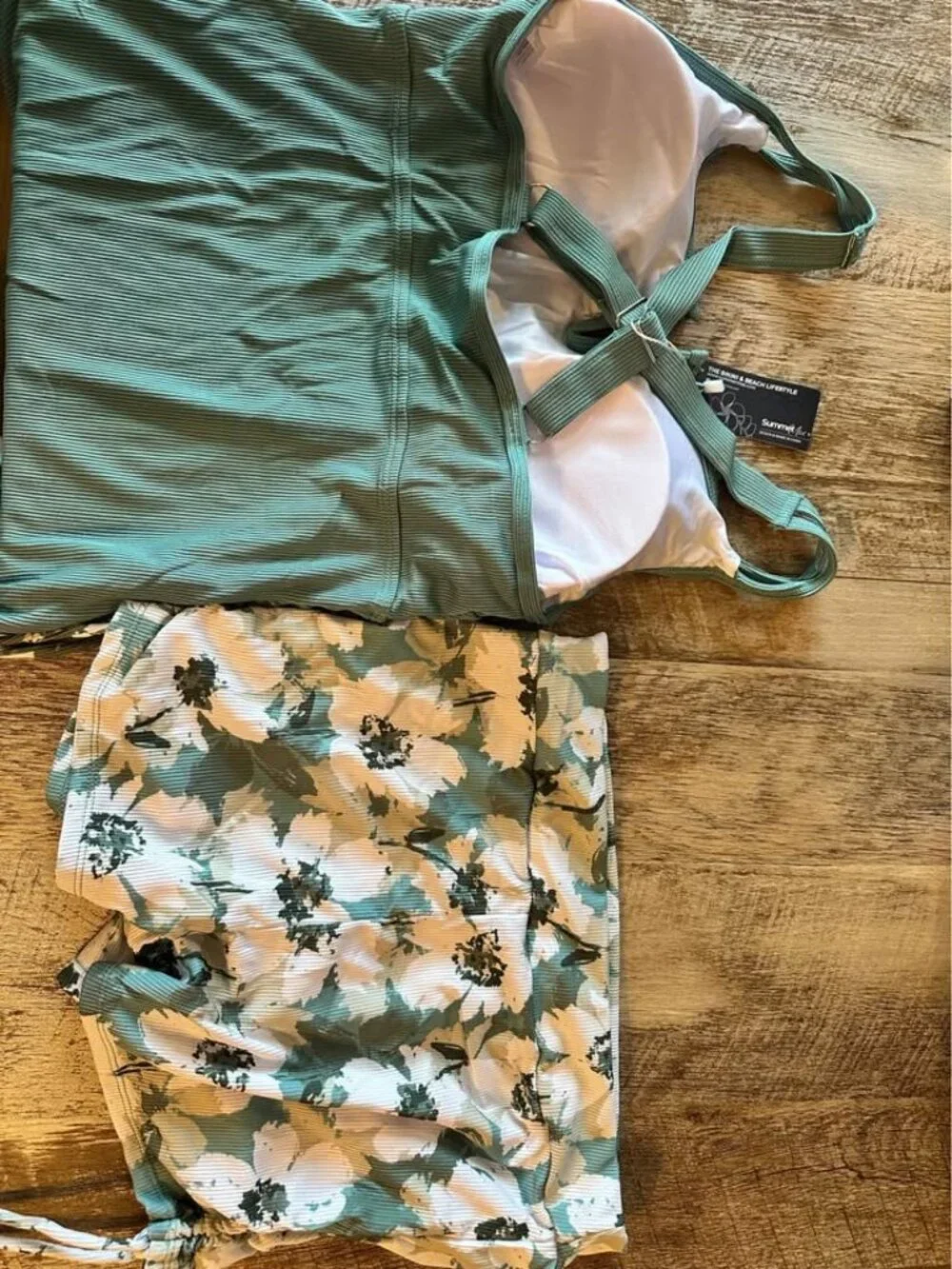 NWT Summer Mae Teal Ribbed Tankini Swimsuit Set with Floral Shorts Sz Small